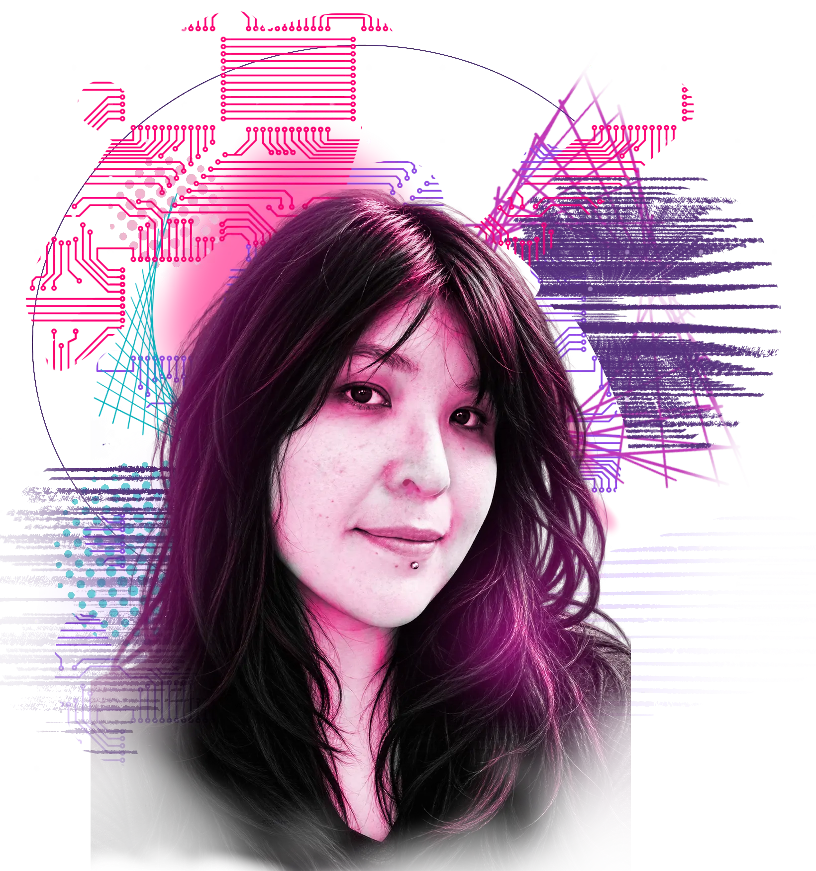Monica Rice in a pink and violet circuitry artwork