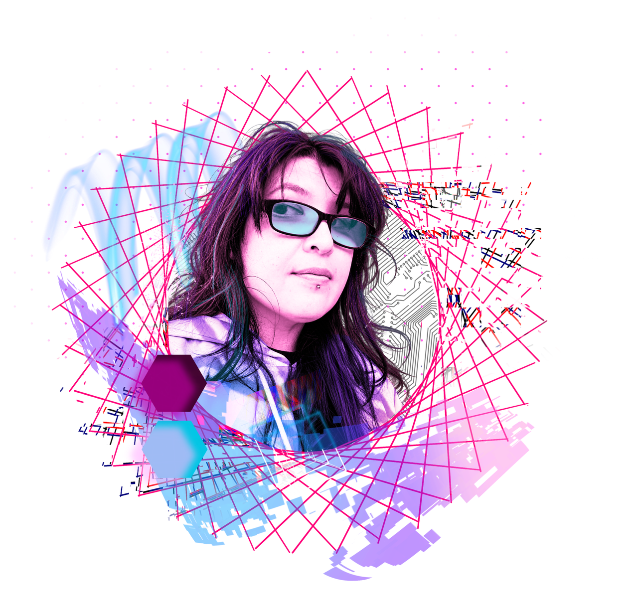 Portrait of Monica Rice wearing glasses, framed by pink and blue geometric artwork
